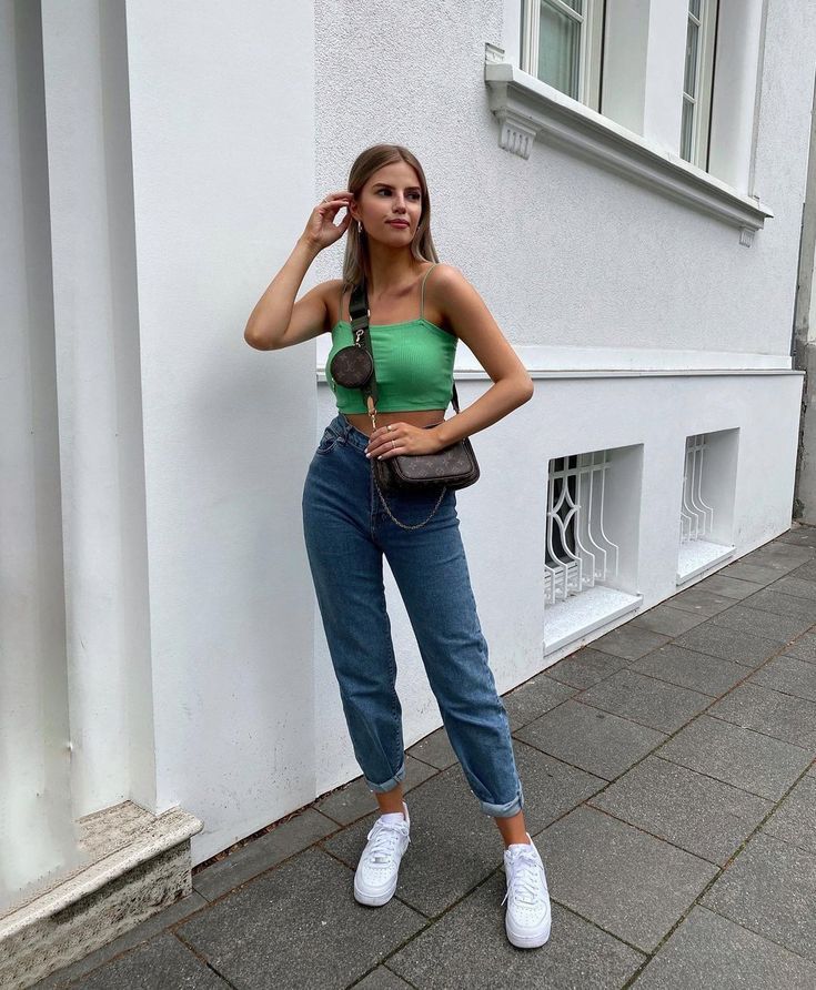 Blue High-Waisted Jeans and White Sneakers 